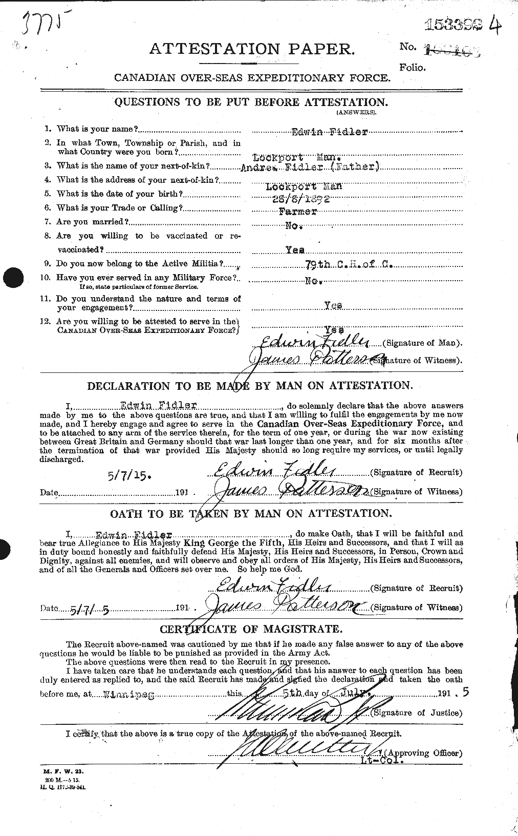 Dossiers du Personnel de la Première Guerre mondiale - CEC 322948a