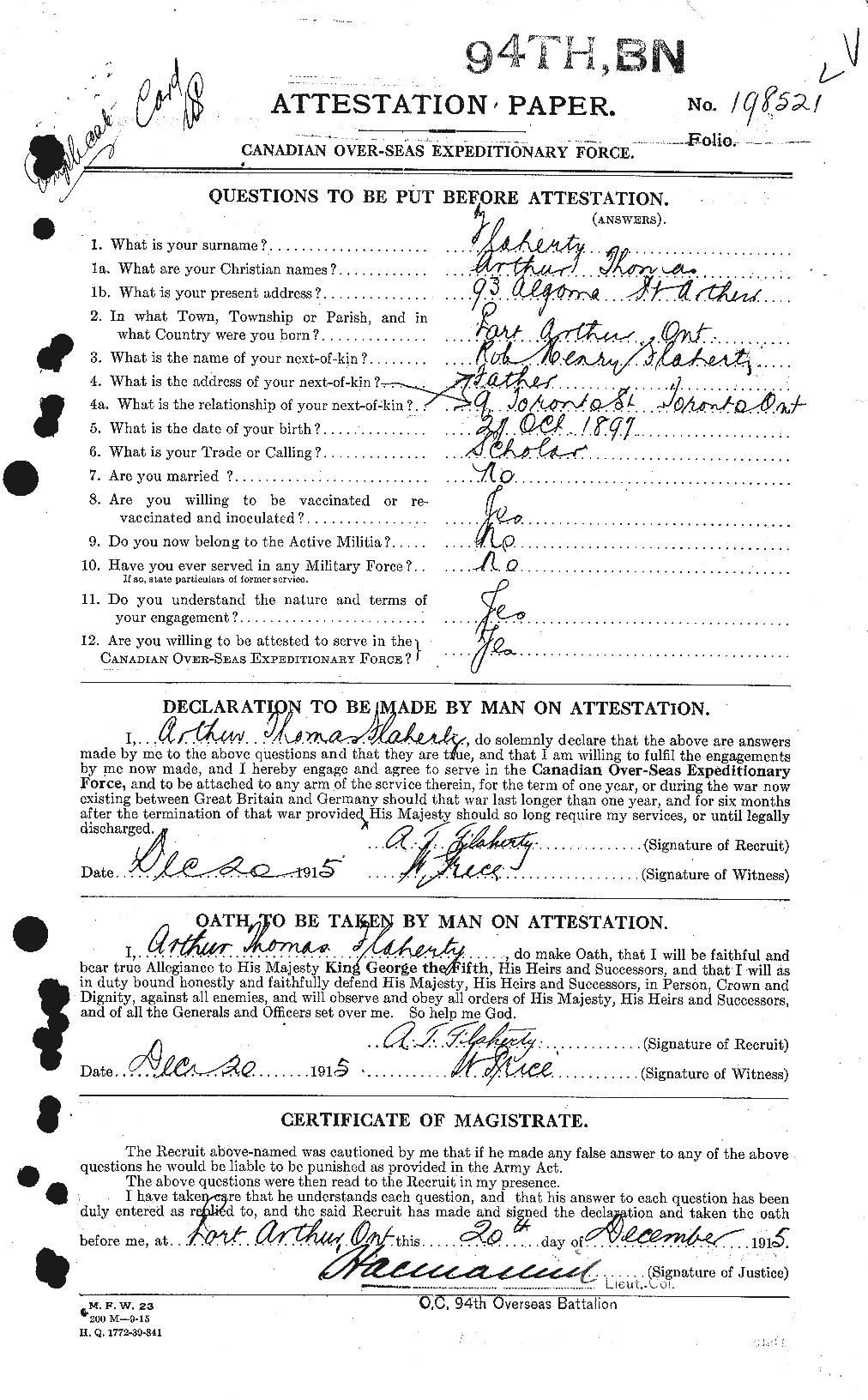 Dossiers du Personnel de la Première Guerre mondiale - CEC 323344a