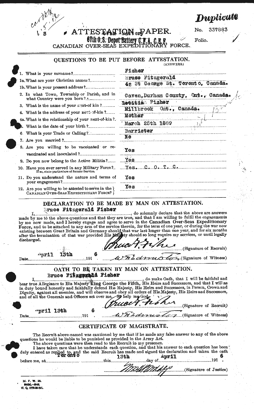 Dossiers du Personnel de la Première Guerre mondiale - CEC 325295a