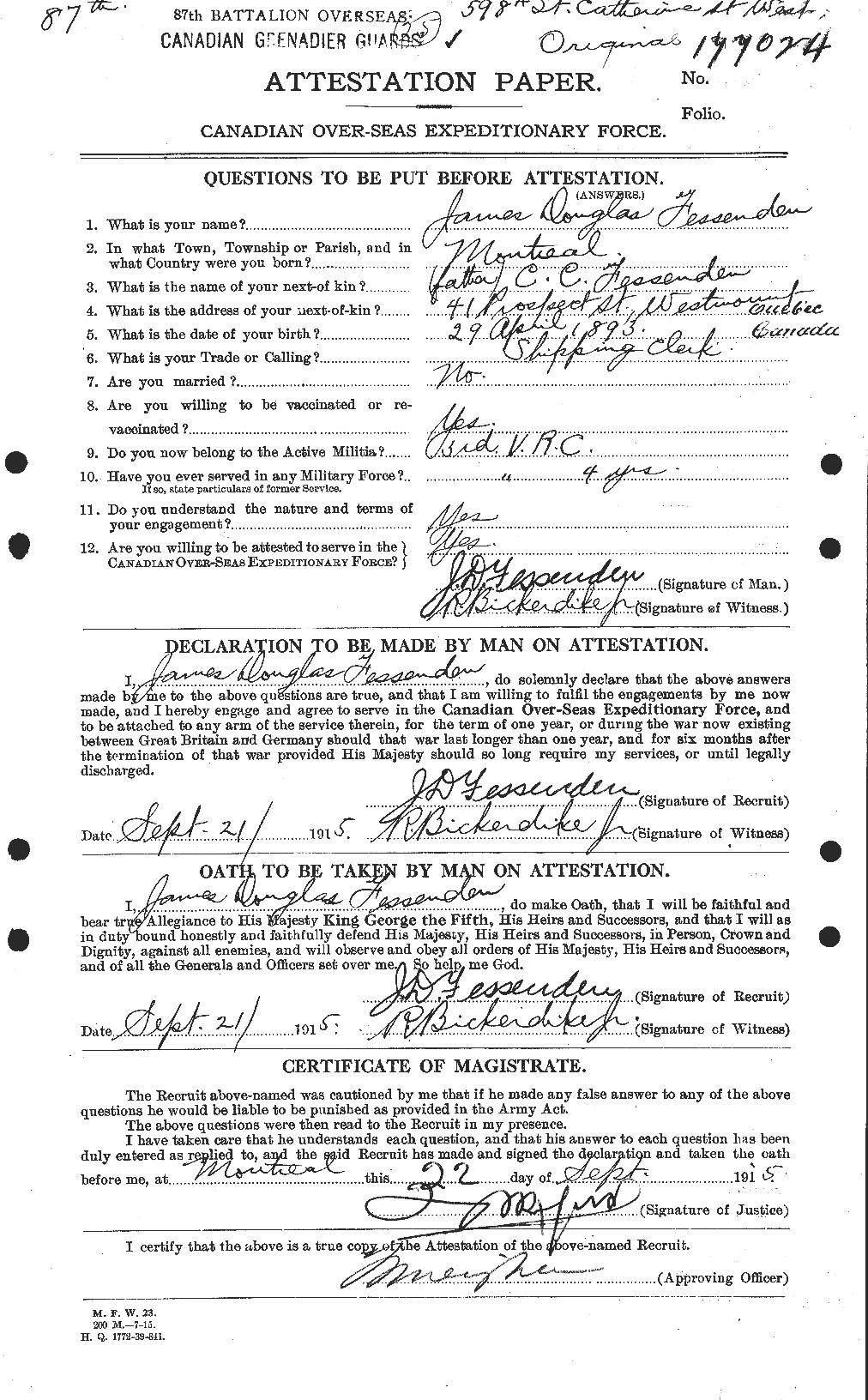 Dossiers du Personnel de la Première Guerre mondiale - CEC 325840a
