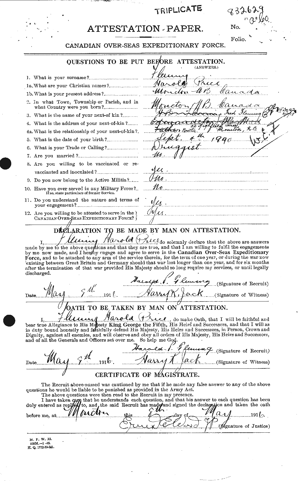 Dossiers du Personnel de la Première Guerre mondiale - CEC 326561a