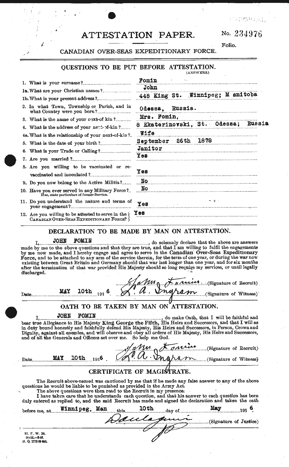 Dossiers du Personnel de la Première Guerre mondiale - CEC 328424a