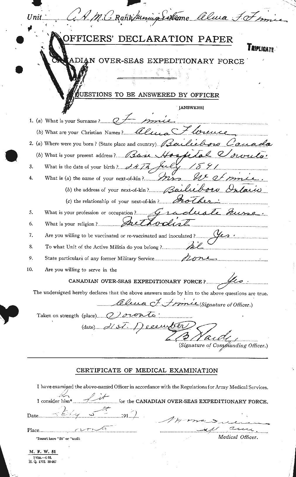Dossiers du Personnel de la Première Guerre mondiale - CEC 328623a