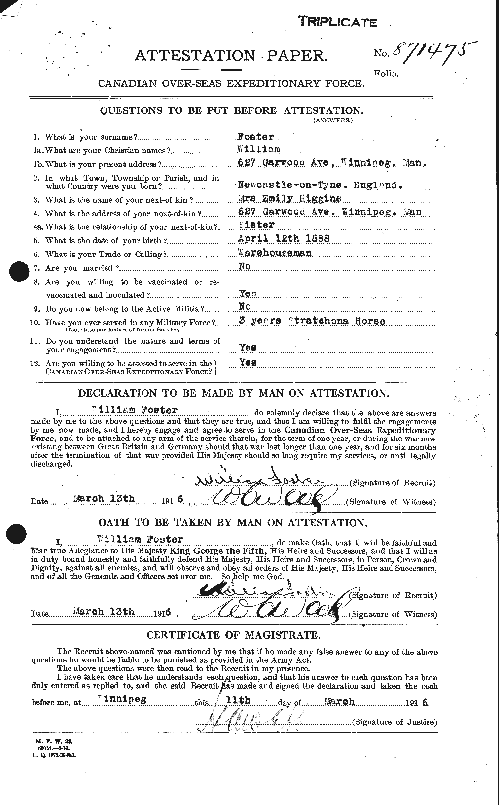 Dossiers du Personnel de la Première Guerre mondiale - CEC 328714a