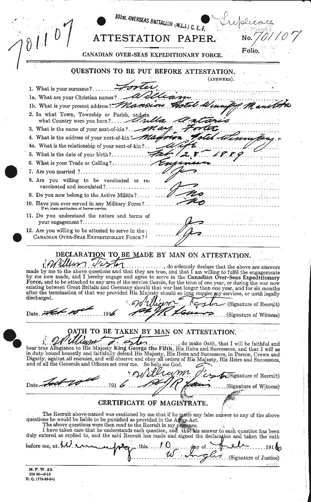 Dossiers du Personnel de la Première Guerre mondiale - CEC 328722a