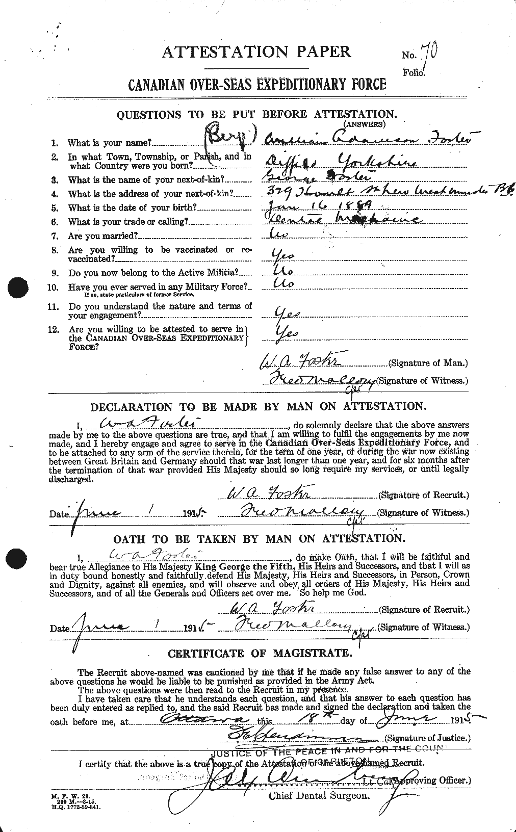 Dossiers du Personnel de la Première Guerre mondiale - CEC 328724a