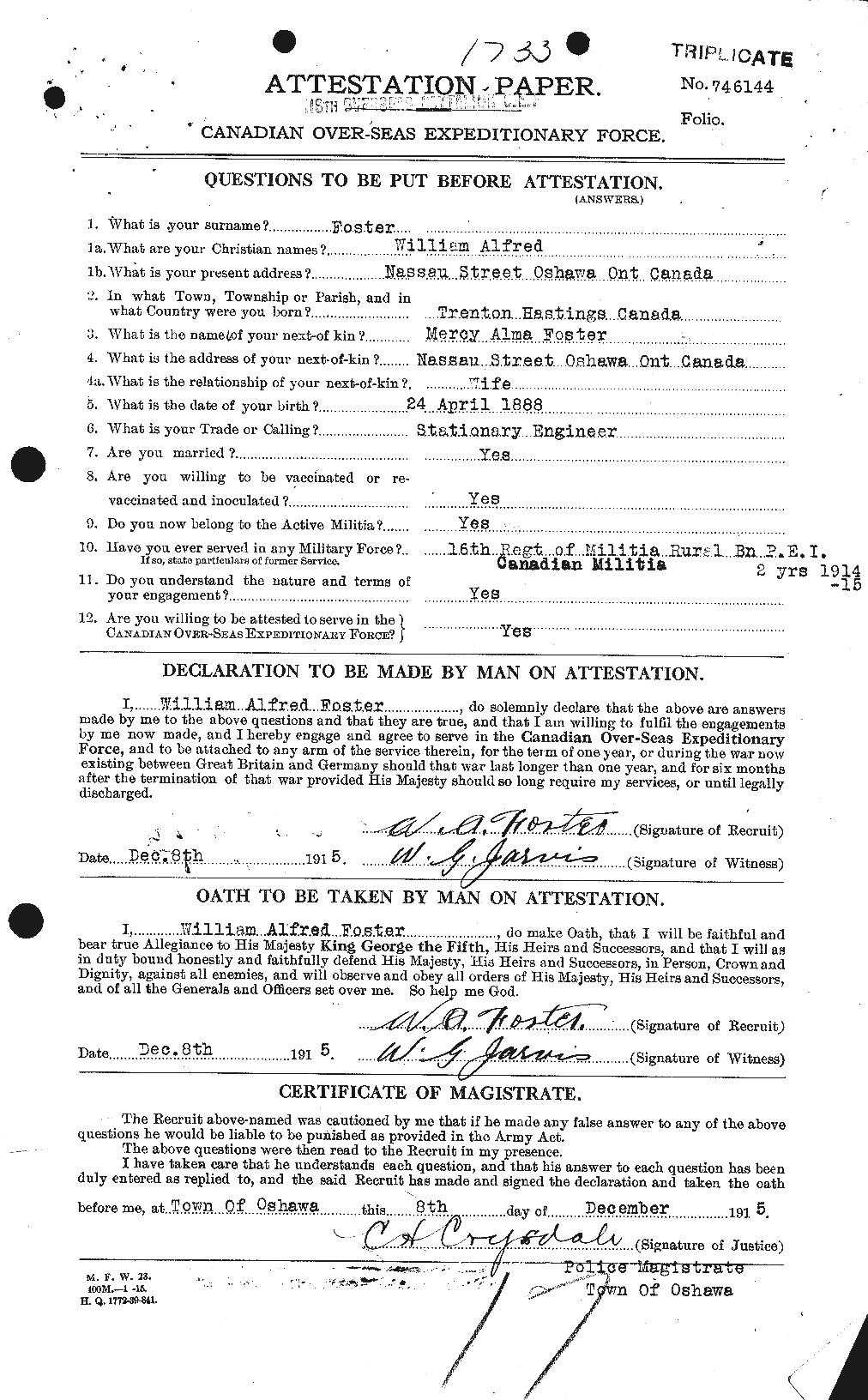 Dossiers du Personnel de la Première Guerre mondiale - CEC 328726a