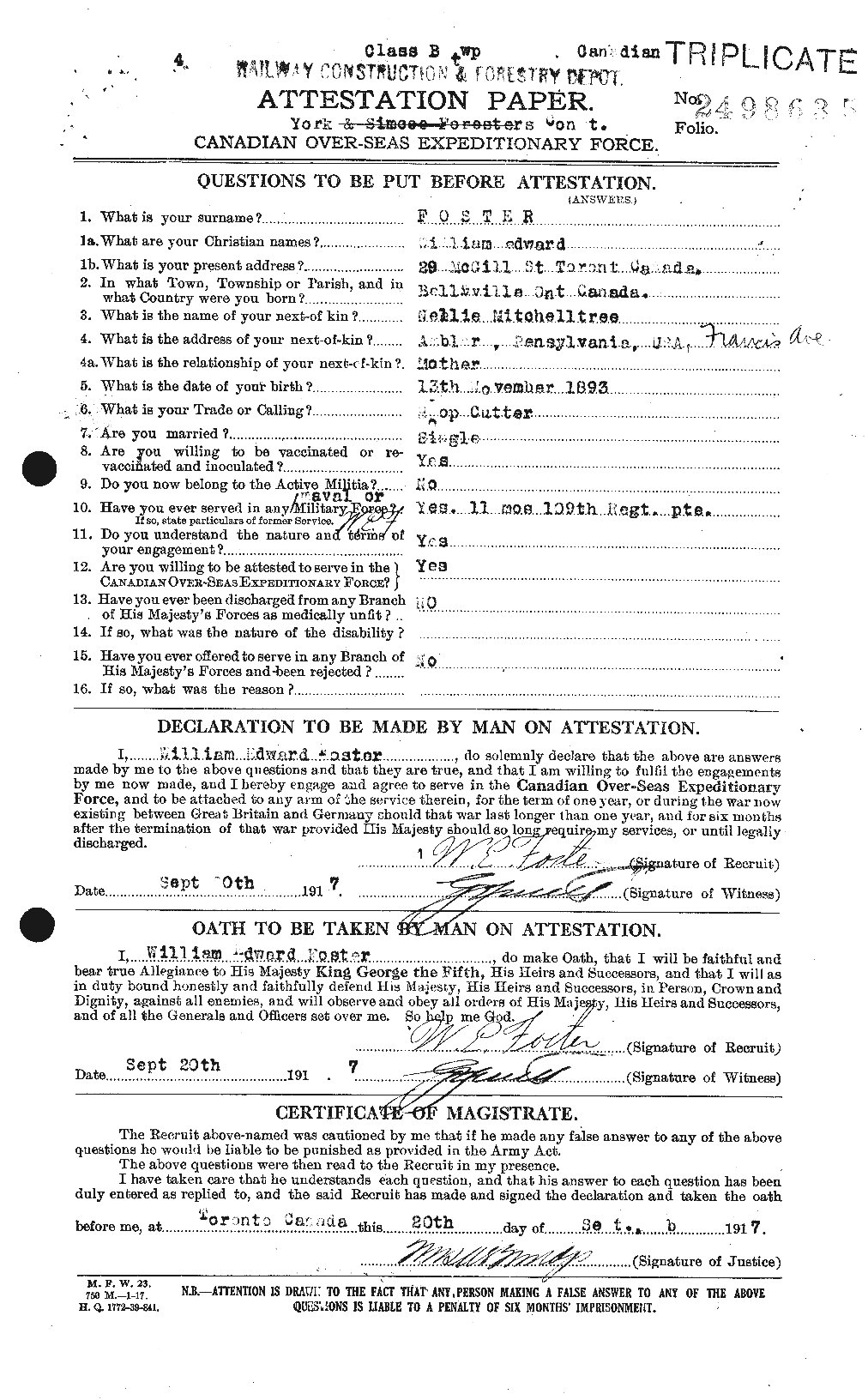 Dossiers du Personnel de la Première Guerre mondiale - CEC 328738a