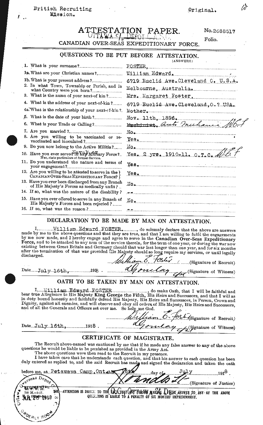 Dossiers du Personnel de la Première Guerre mondiale - CEC 328740a