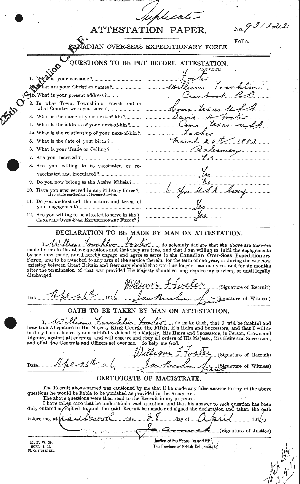 Dossiers du Personnel de la Première Guerre mondiale - CEC 328742a