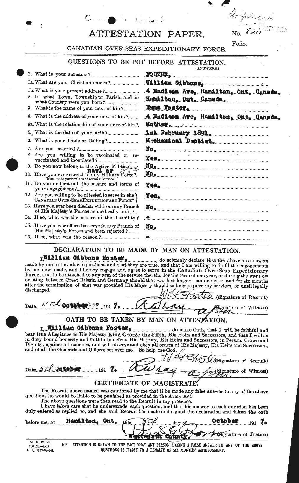 Dossiers du Personnel de la Première Guerre mondiale - CEC 328745a