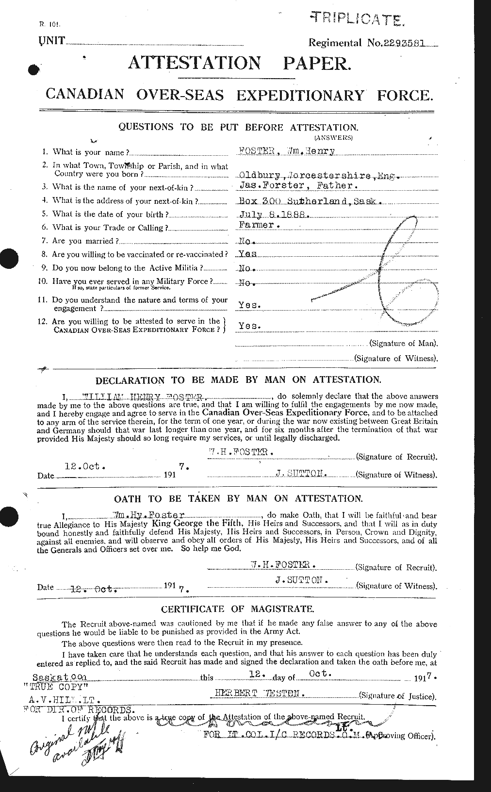 Dossiers du Personnel de la Première Guerre mondiale - CEC 328751a
