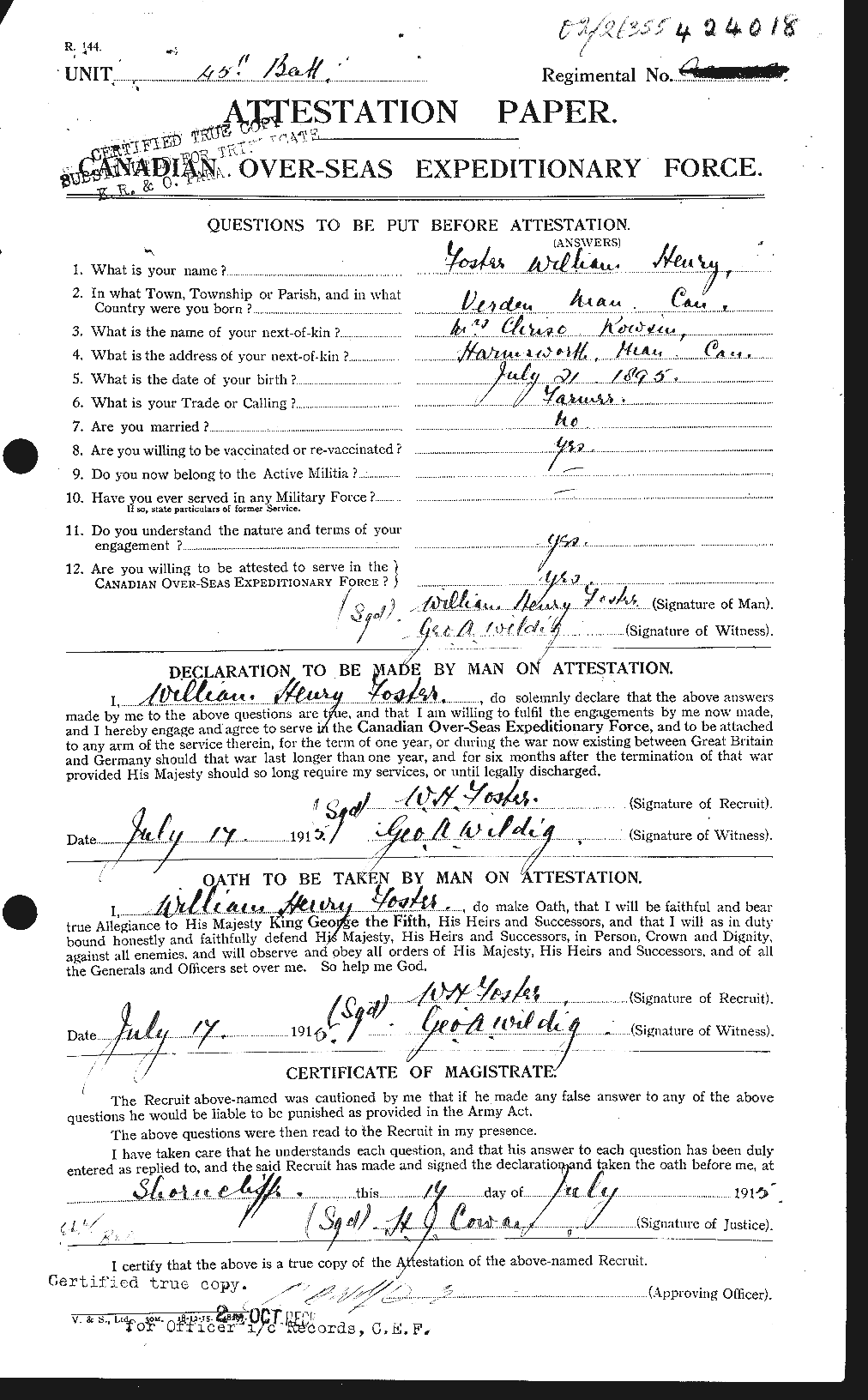 Dossiers du Personnel de la Première Guerre mondiale - CEC 328756a