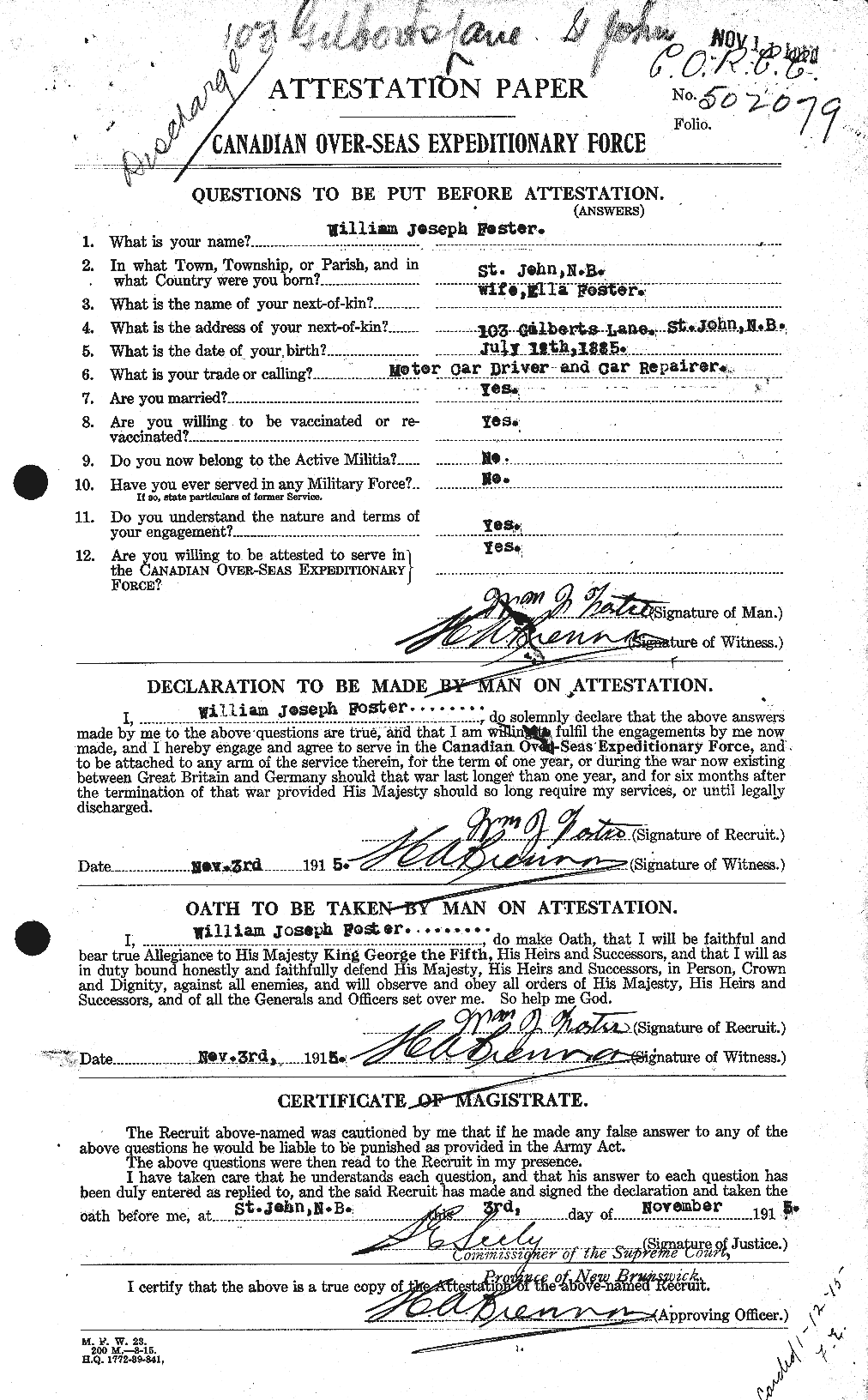 Dossiers du Personnel de la Première Guerre mondiale - CEC 328765a