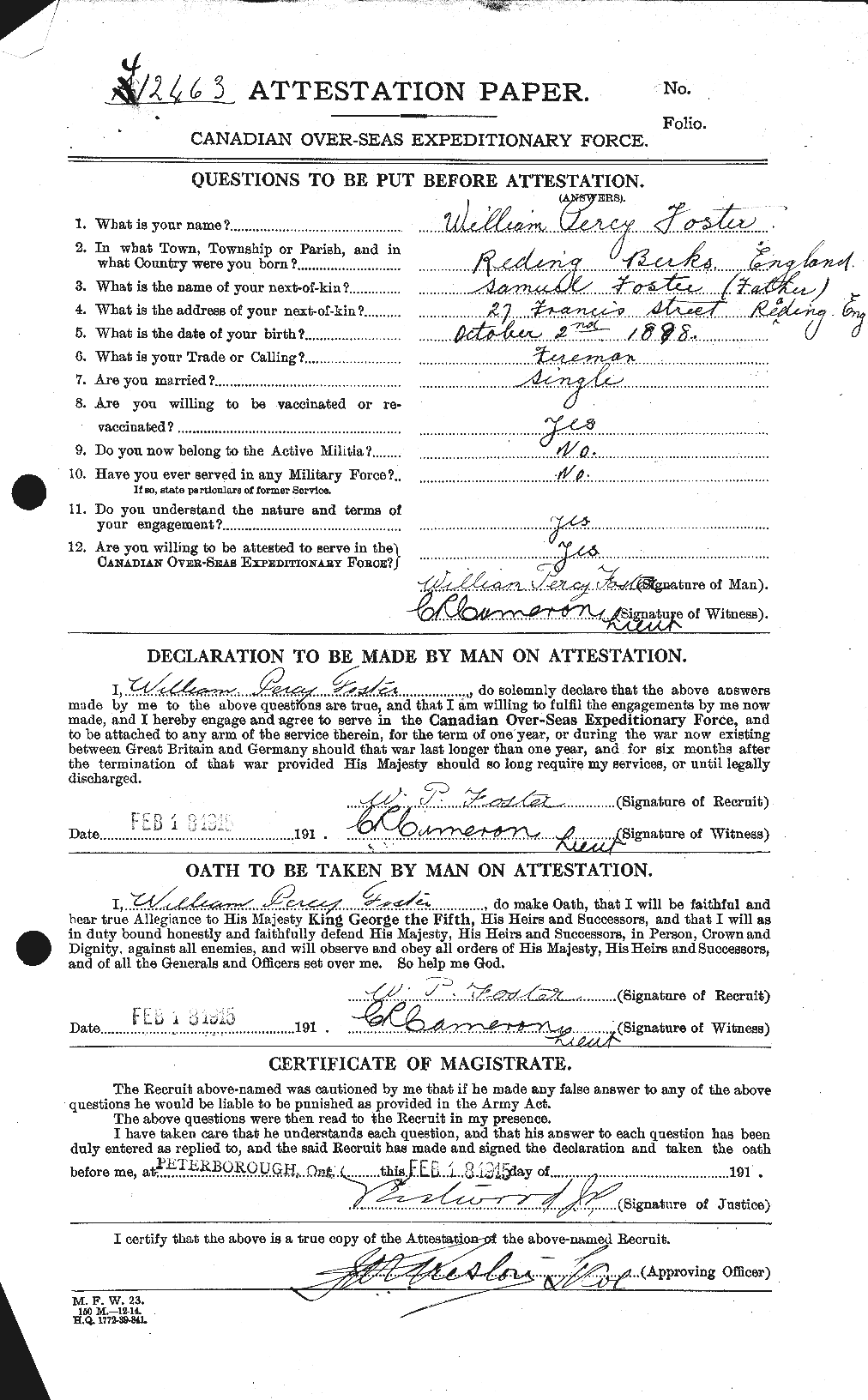Dossiers du Personnel de la Première Guerre mondiale - CEC 328768a