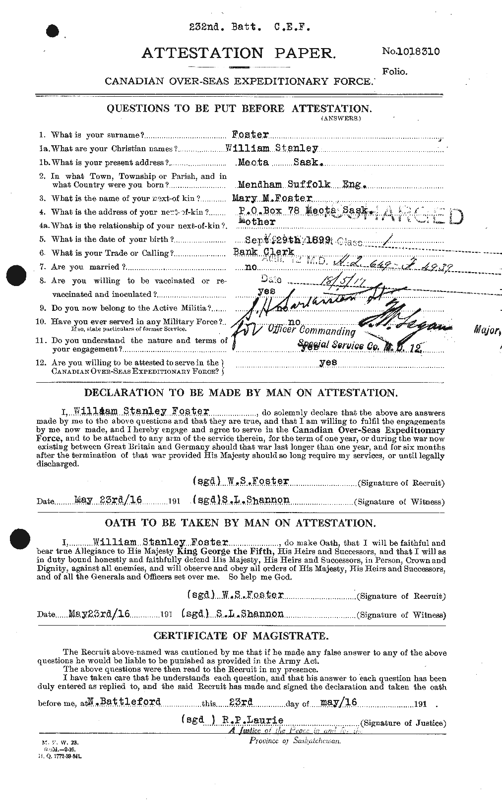 Dossiers du Personnel de la Première Guerre mondiale - CEC 328773a