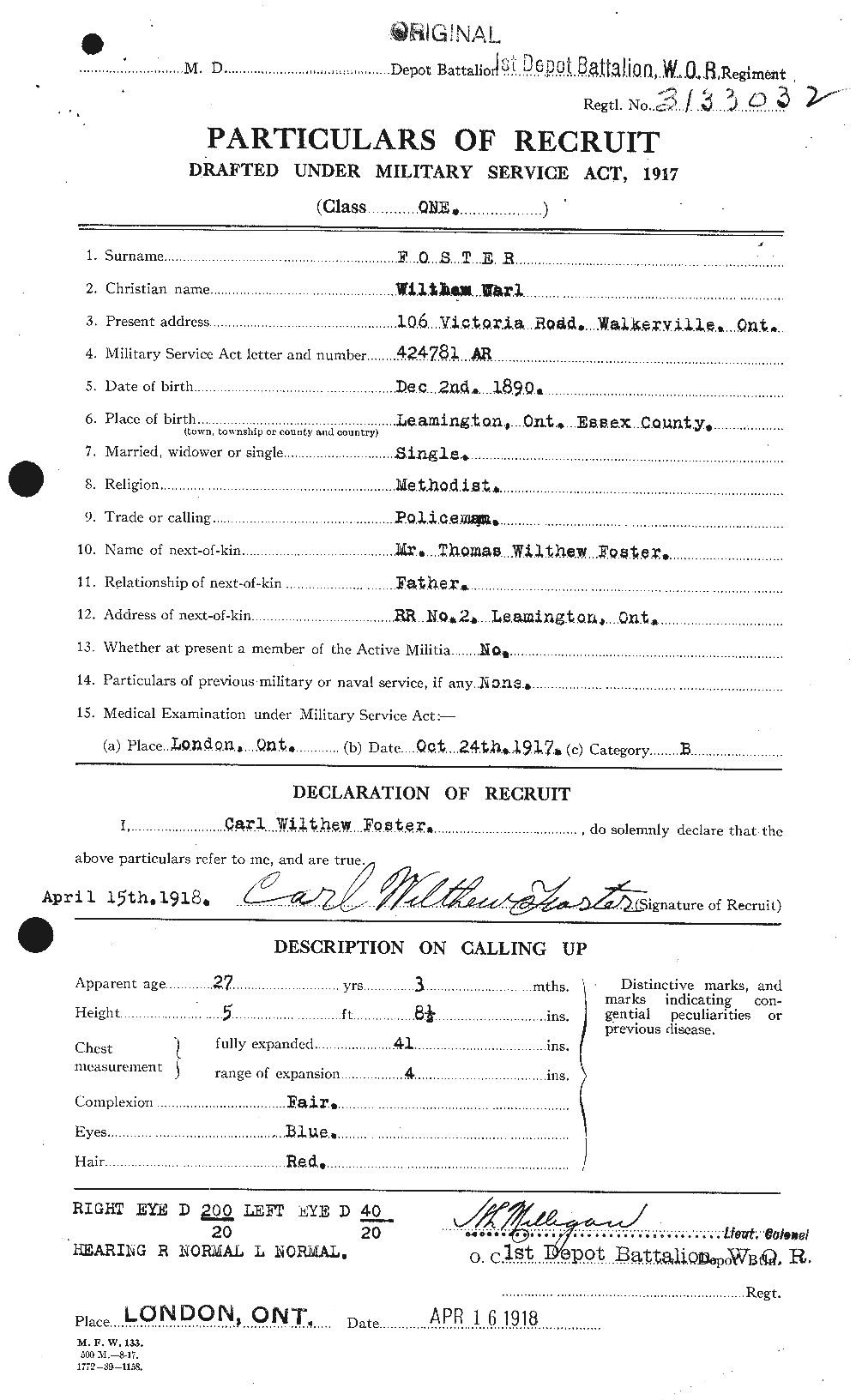 Dossiers du Personnel de la Première Guerre mondiale - CEC 328777a