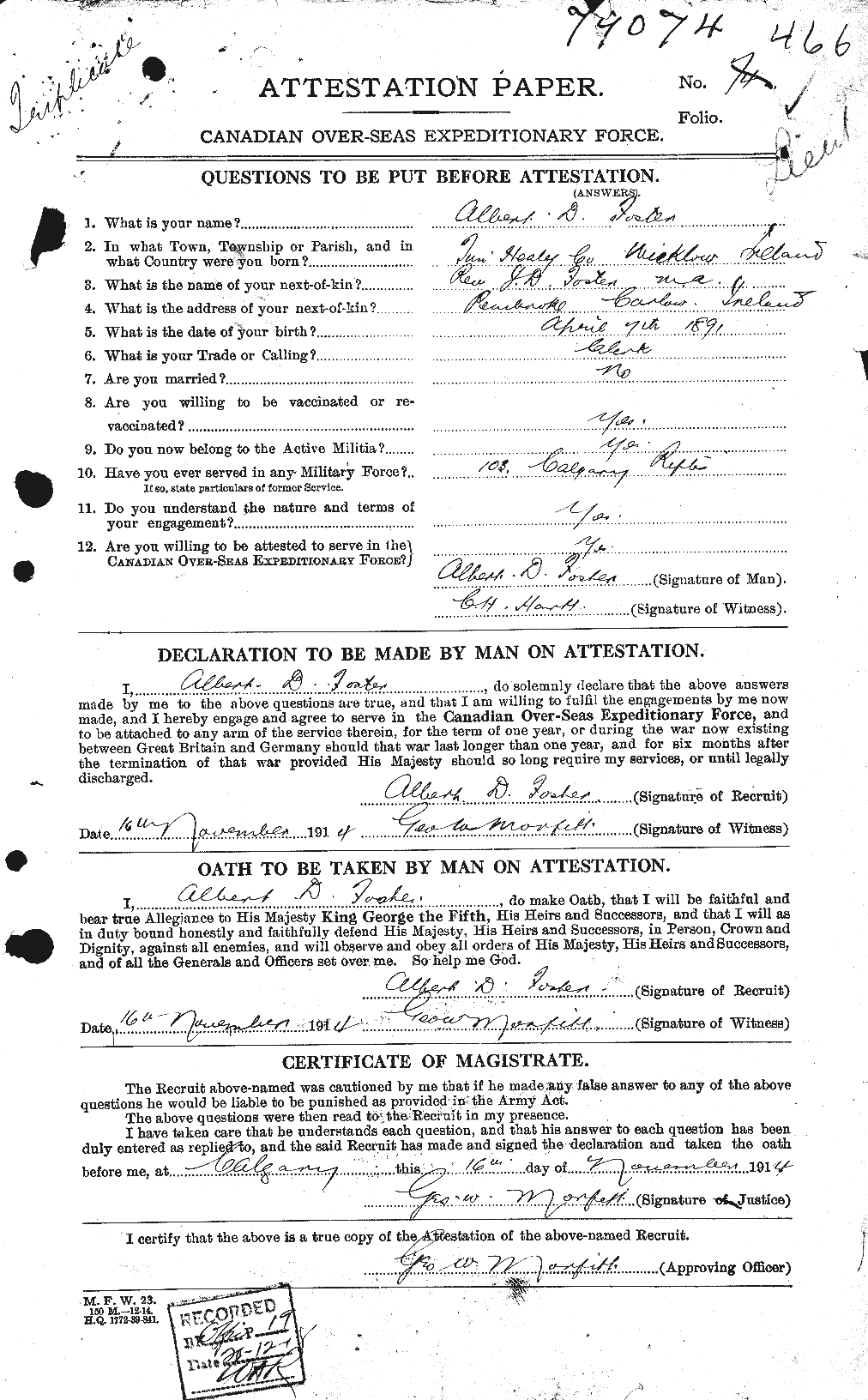 Dossiers du Personnel de la Première Guerre mondiale - CEC 330433a