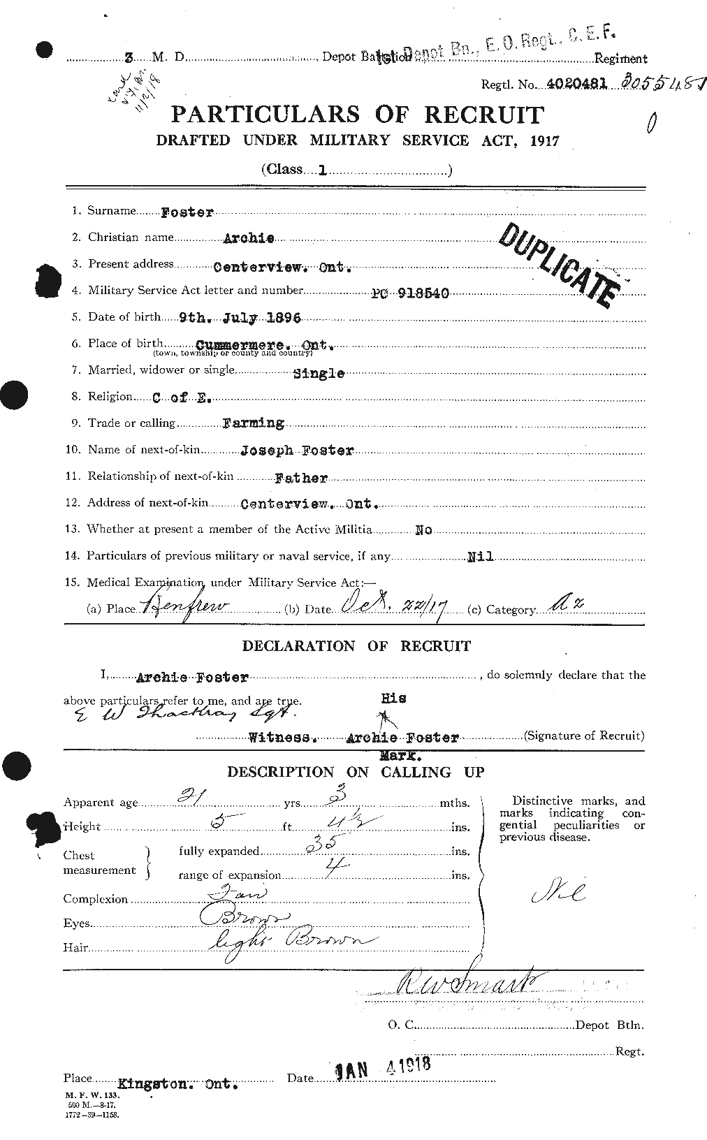 Dossiers du Personnel de la Première Guerre mondiale - CEC 330462a