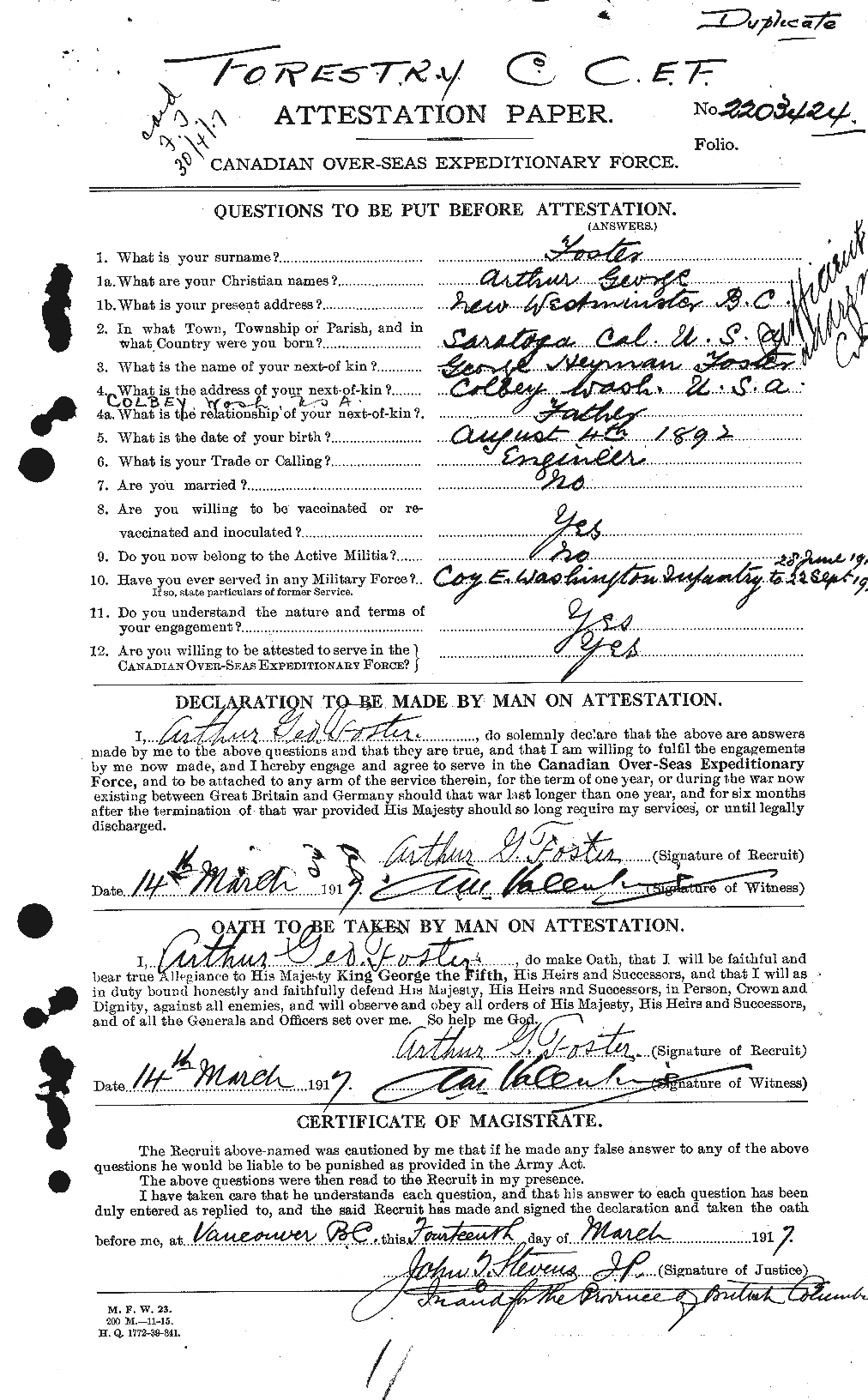 Dossiers du Personnel de la Première Guerre mondiale - CEC 330472a