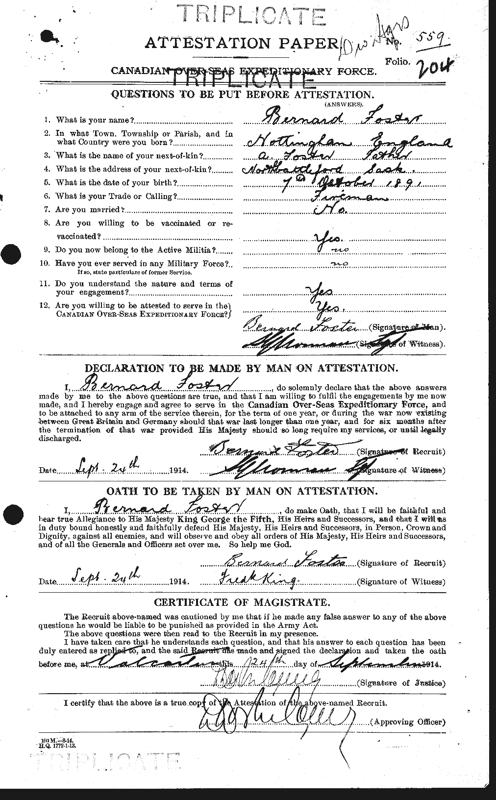Dossiers du Personnel de la Première Guerre mondiale - CEC 330486a