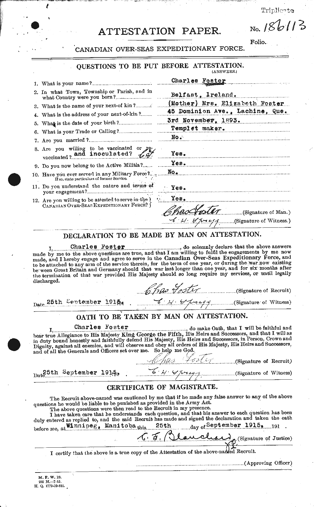 Dossiers du Personnel de la Première Guerre mondiale - CEC 330498a