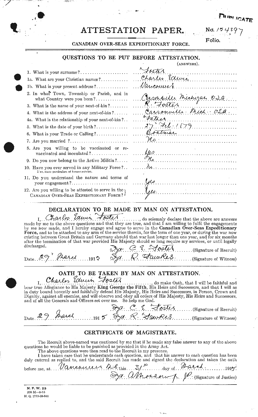 Dossiers du Personnel de la Première Guerre mondiale - CEC 330512a