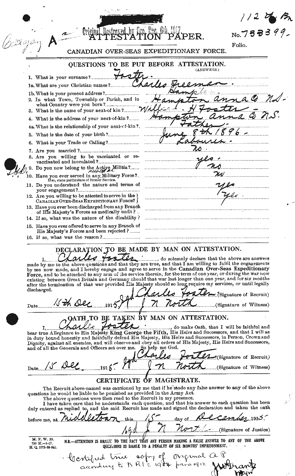 Dossiers du Personnel de la Première Guerre mondiale - CEC 330516a