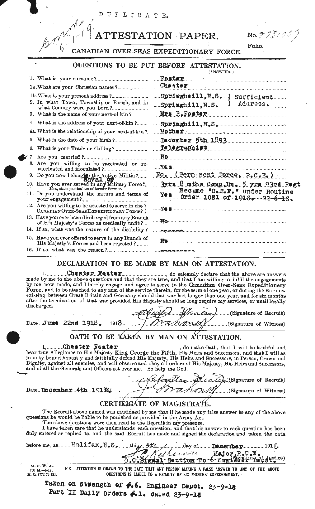 Dossiers du Personnel de la Première Guerre mondiale - CEC 330528a
