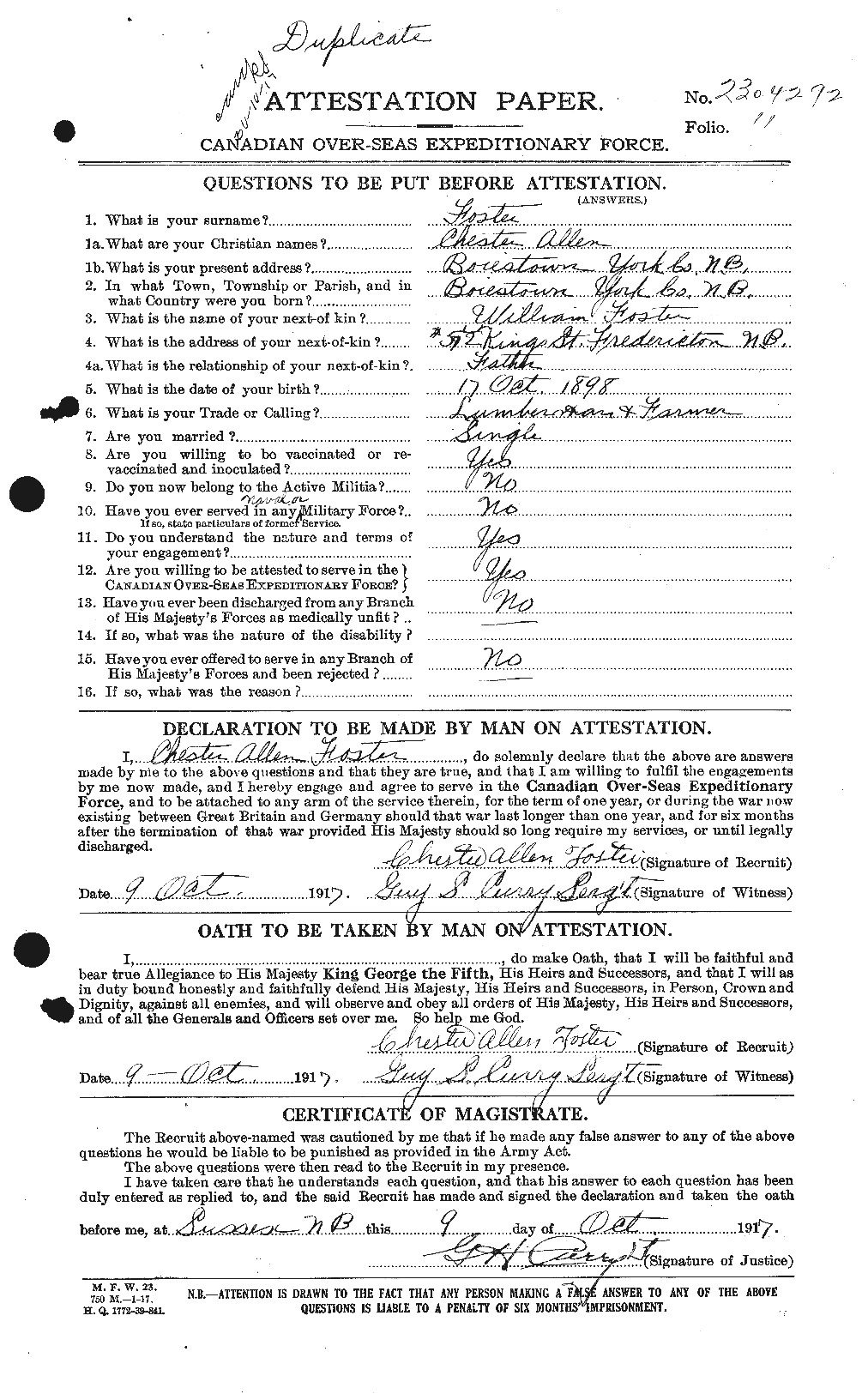 Dossiers du Personnel de la Première Guerre mondiale - CEC 330529a