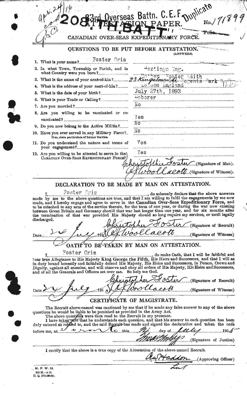 Dossiers du Personnel de la Première Guerre mondiale - CEC 330531a