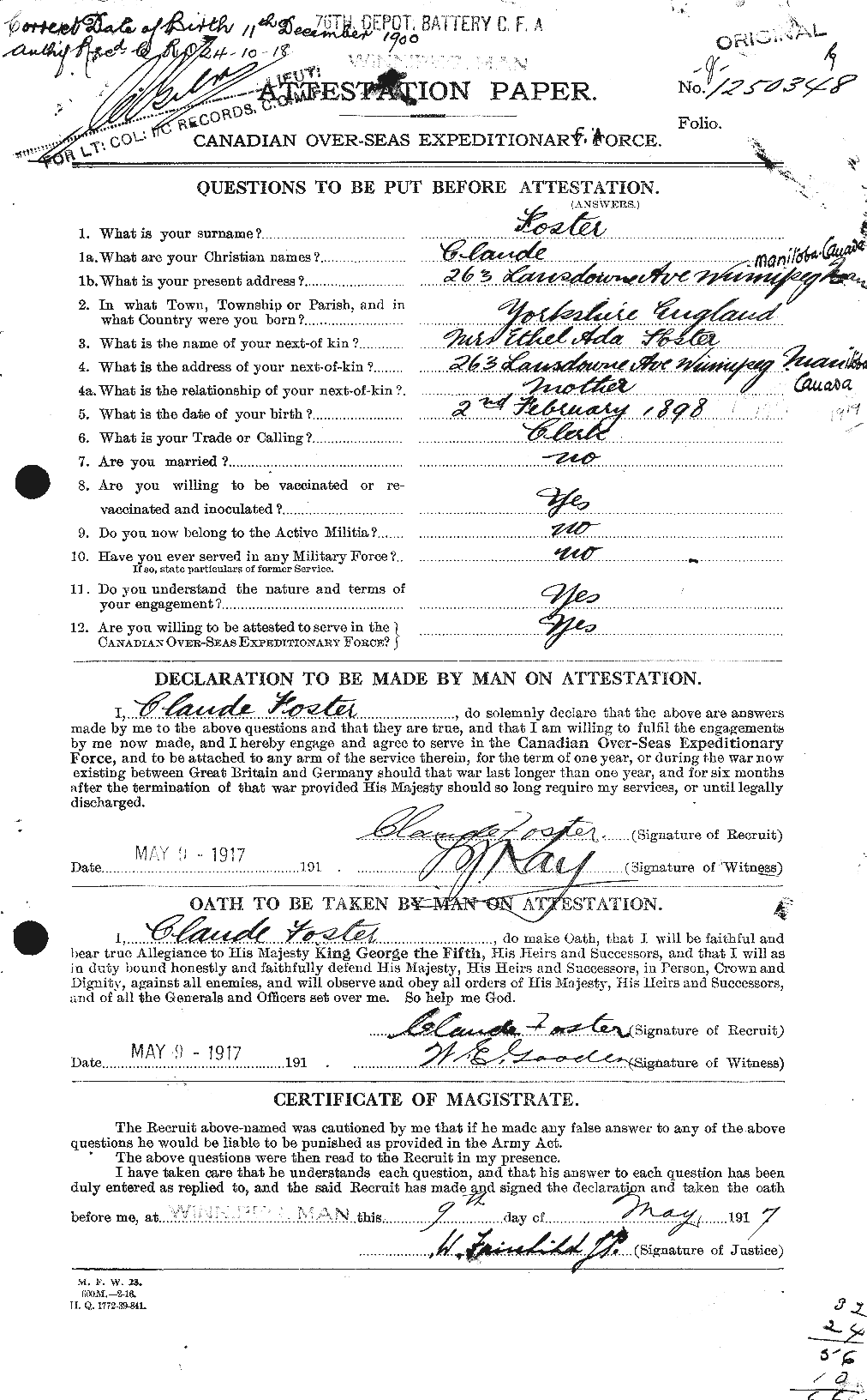 Dossiers du Personnel de la Première Guerre mondiale - CEC 330541a