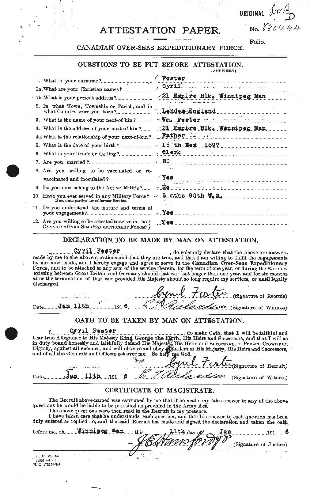 Dossiers du Personnel de la Première Guerre mondiale - CEC 330551a