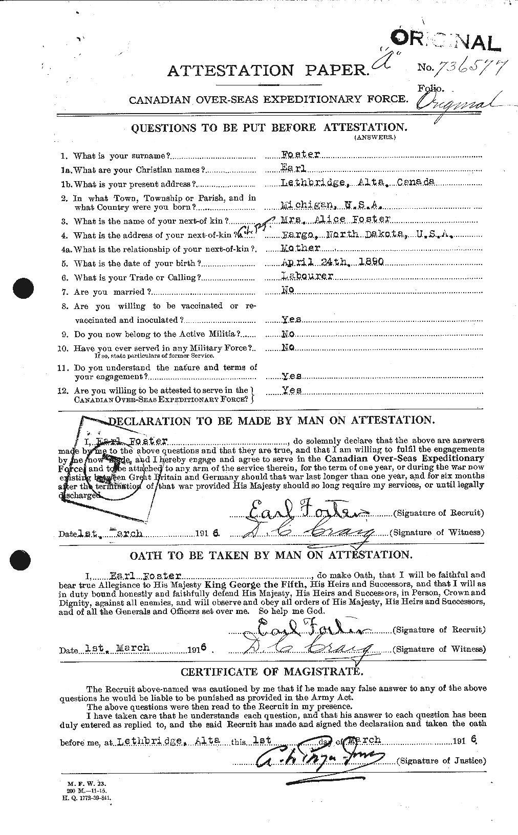 Dossiers du Personnel de la Première Guerre mondiale - CEC 330567a