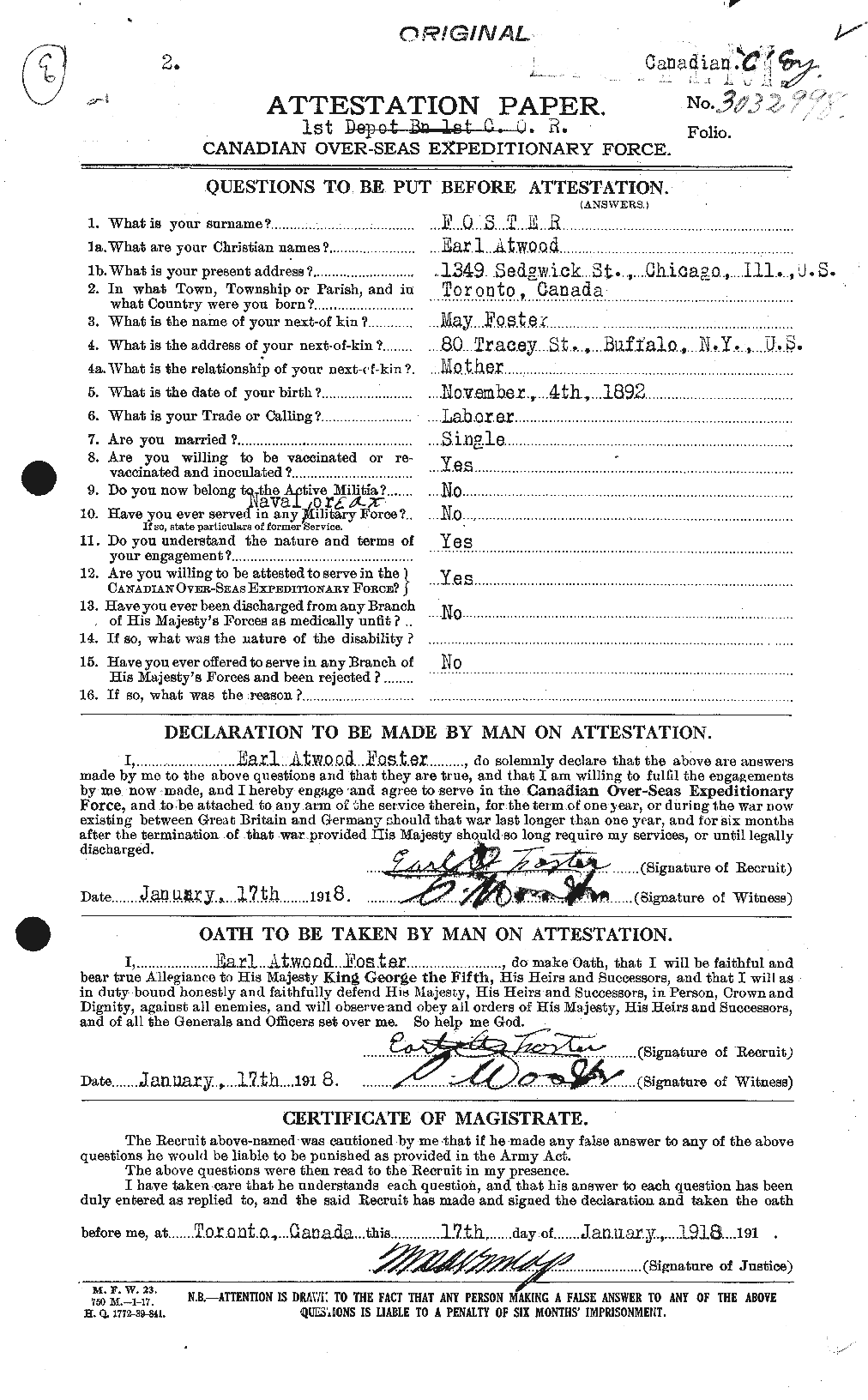 Dossiers du Personnel de la Première Guerre mondiale - CEC 330569a