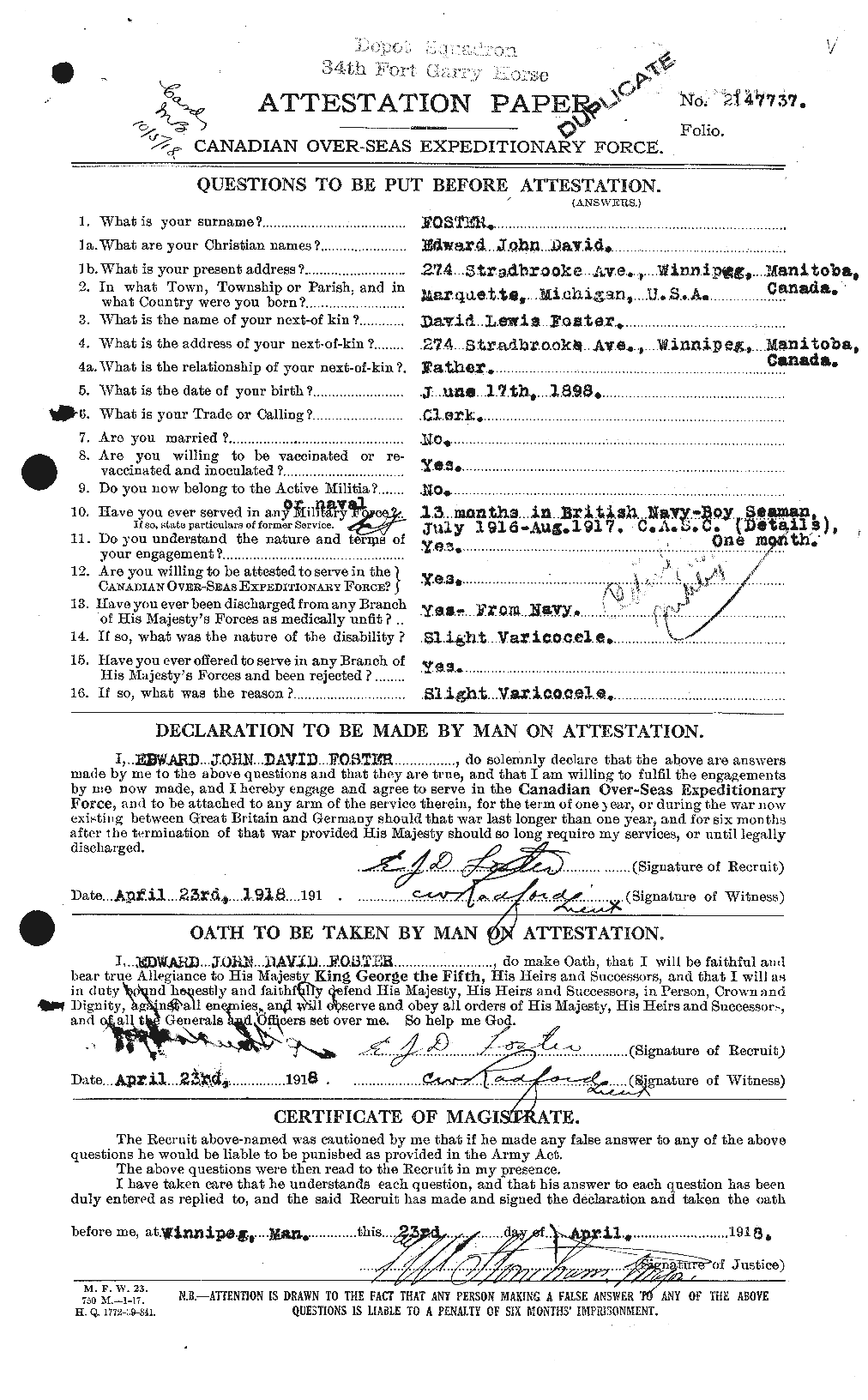 Dossiers du Personnel de la Première Guerre mondiale - CEC 330583a
