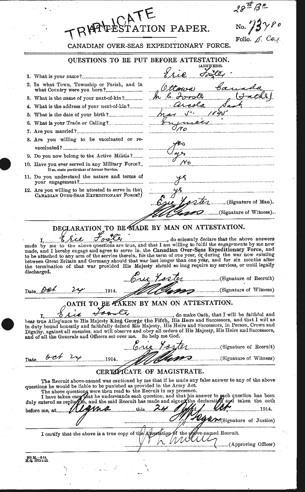 Dossiers du Personnel de la Première Guerre mondiale - CEC 330598a