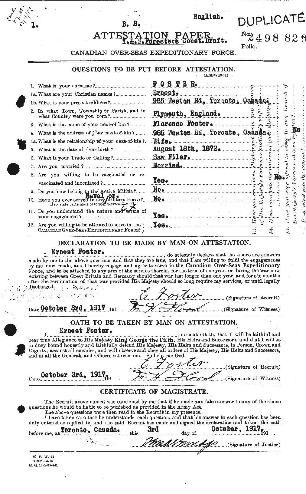 Dossiers du Personnel de la Première Guerre mondiale - CEC 330601a