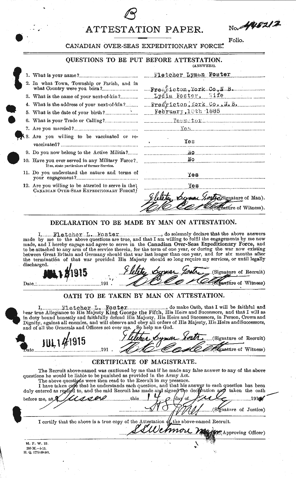 Dossiers du Personnel de la Première Guerre mondiale - CEC 330610a