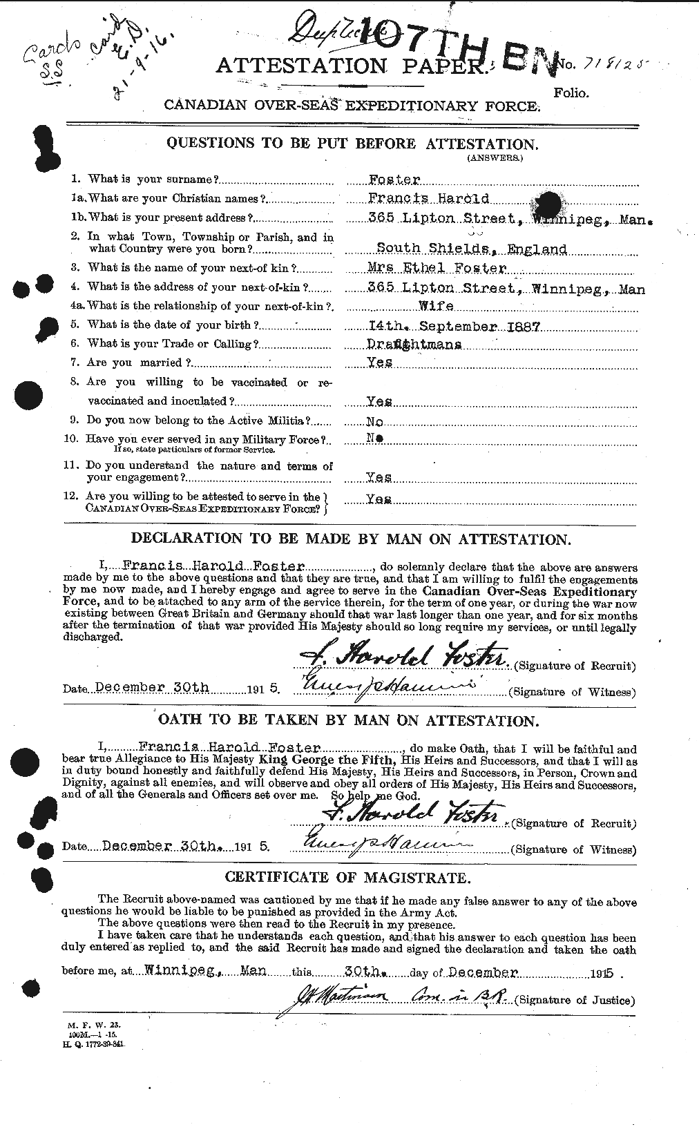 Dossiers du Personnel de la Première Guerre mondiale - CEC 330614a