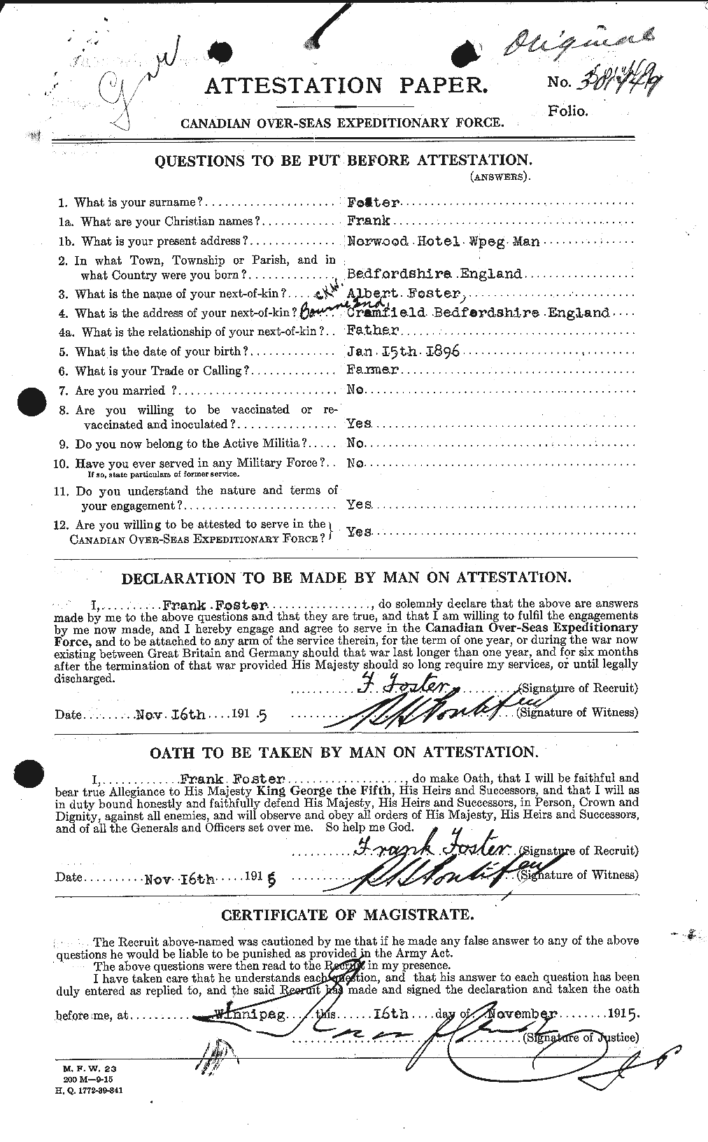 Dossiers du Personnel de la Première Guerre mondiale - CEC 330621a