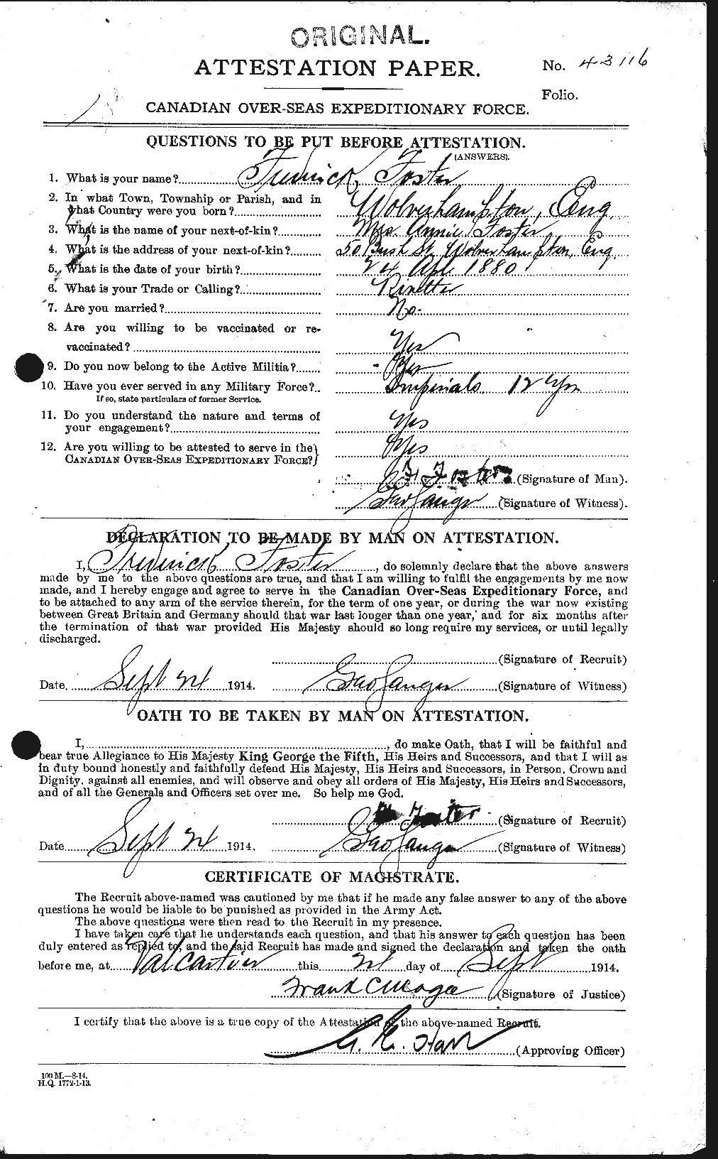 Dossiers du Personnel de la Première Guerre mondiale - CEC 330643a