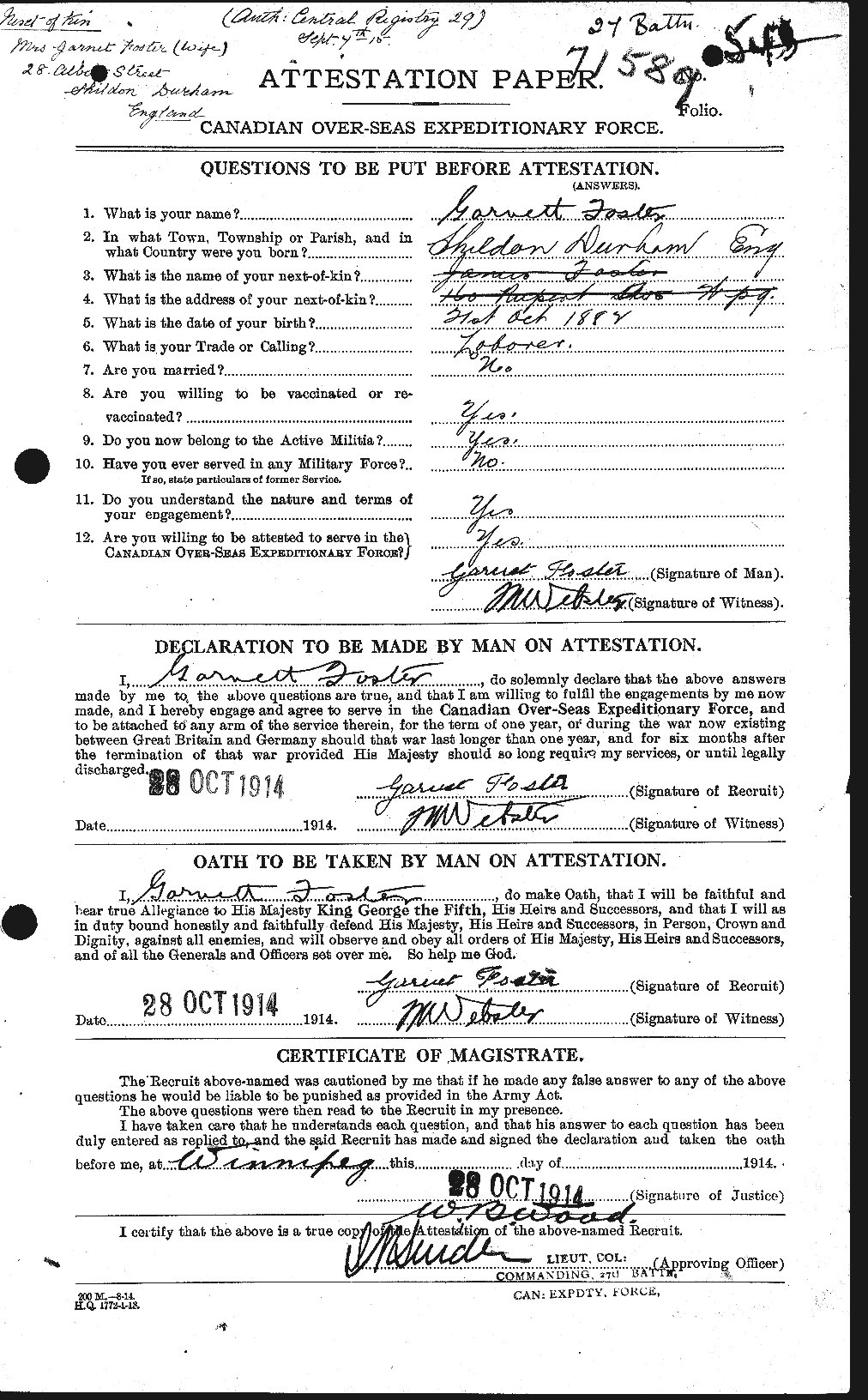 Dossiers du Personnel de la Première Guerre mondiale - CEC 330658a