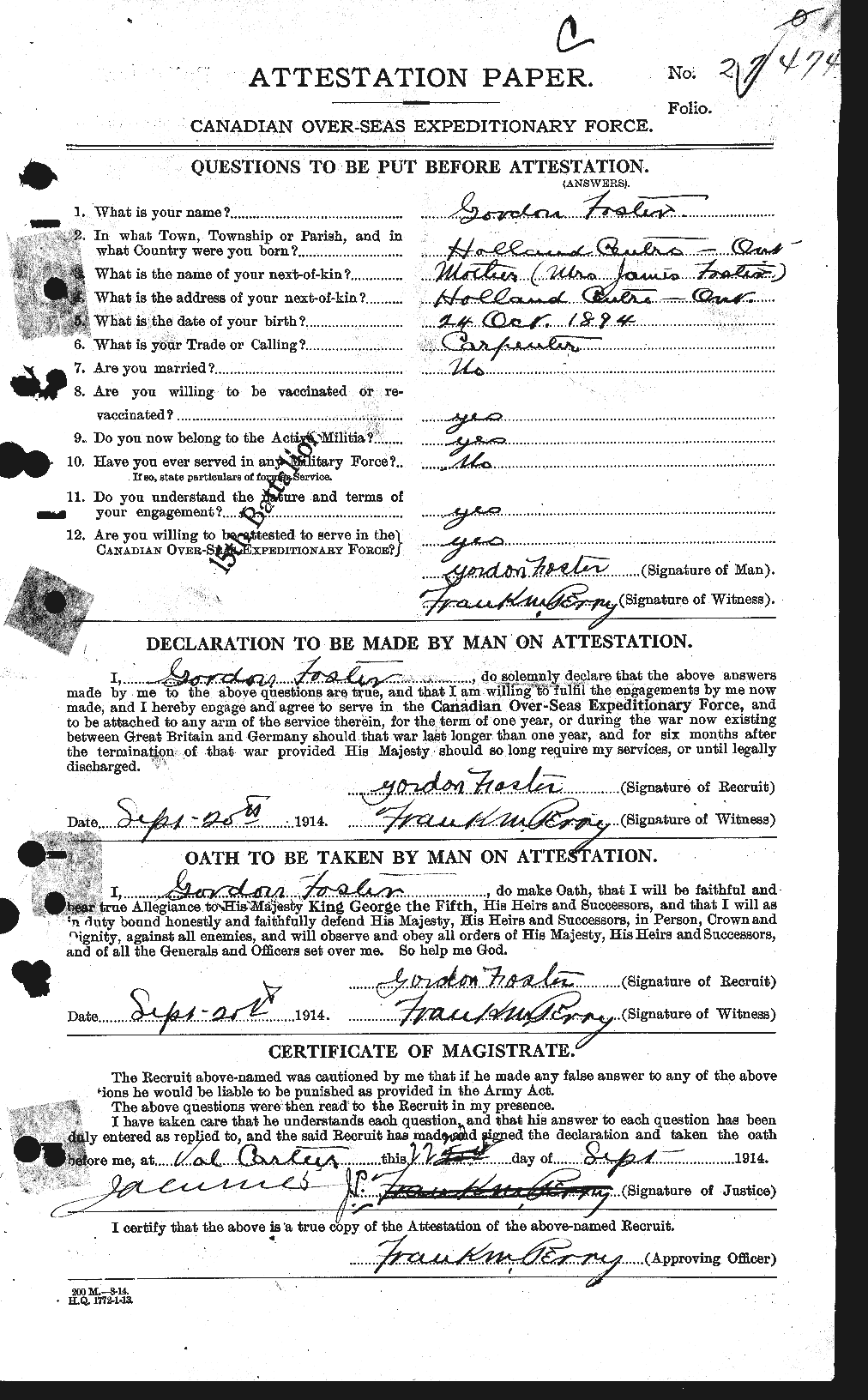 Dossiers du Personnel de la Première Guerre mondiale - CEC 330717a