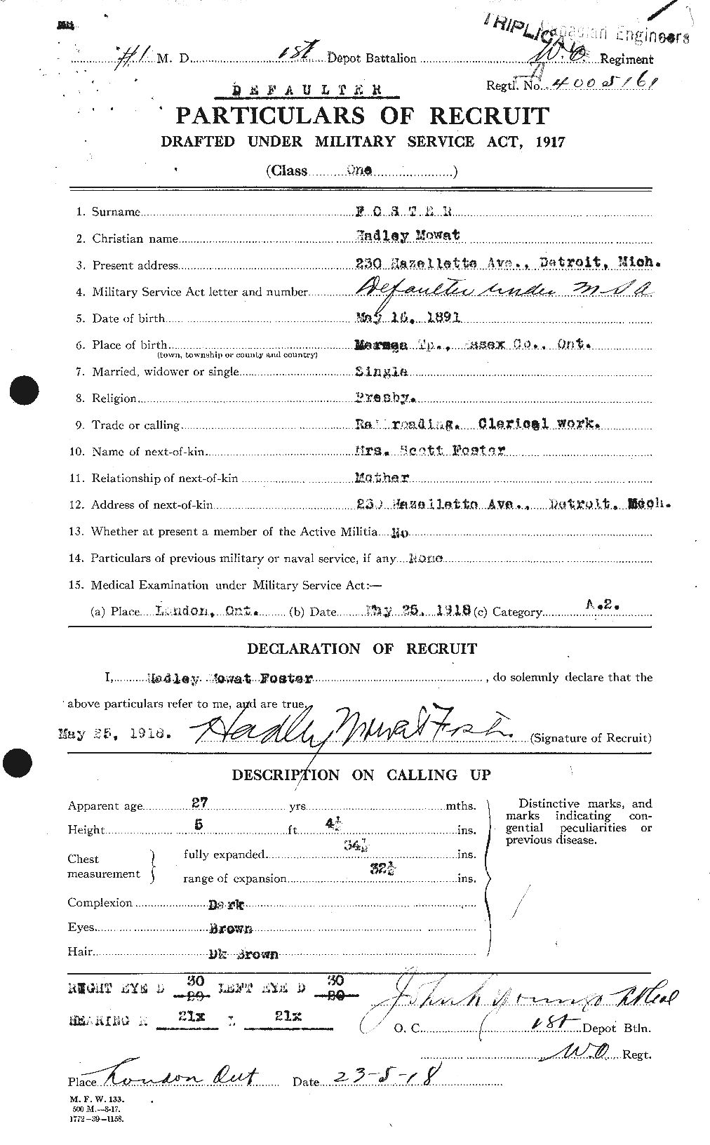 Dossiers du Personnel de la Première Guerre mondiale - CEC 330721a