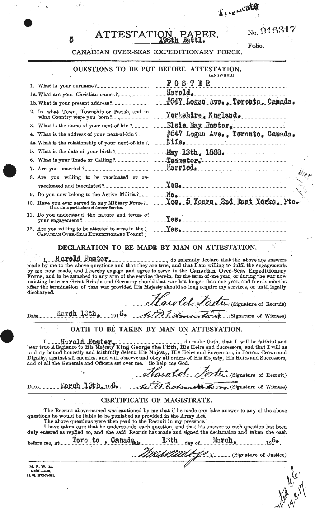 Dossiers du Personnel de la Première Guerre mondiale - CEC 330726a