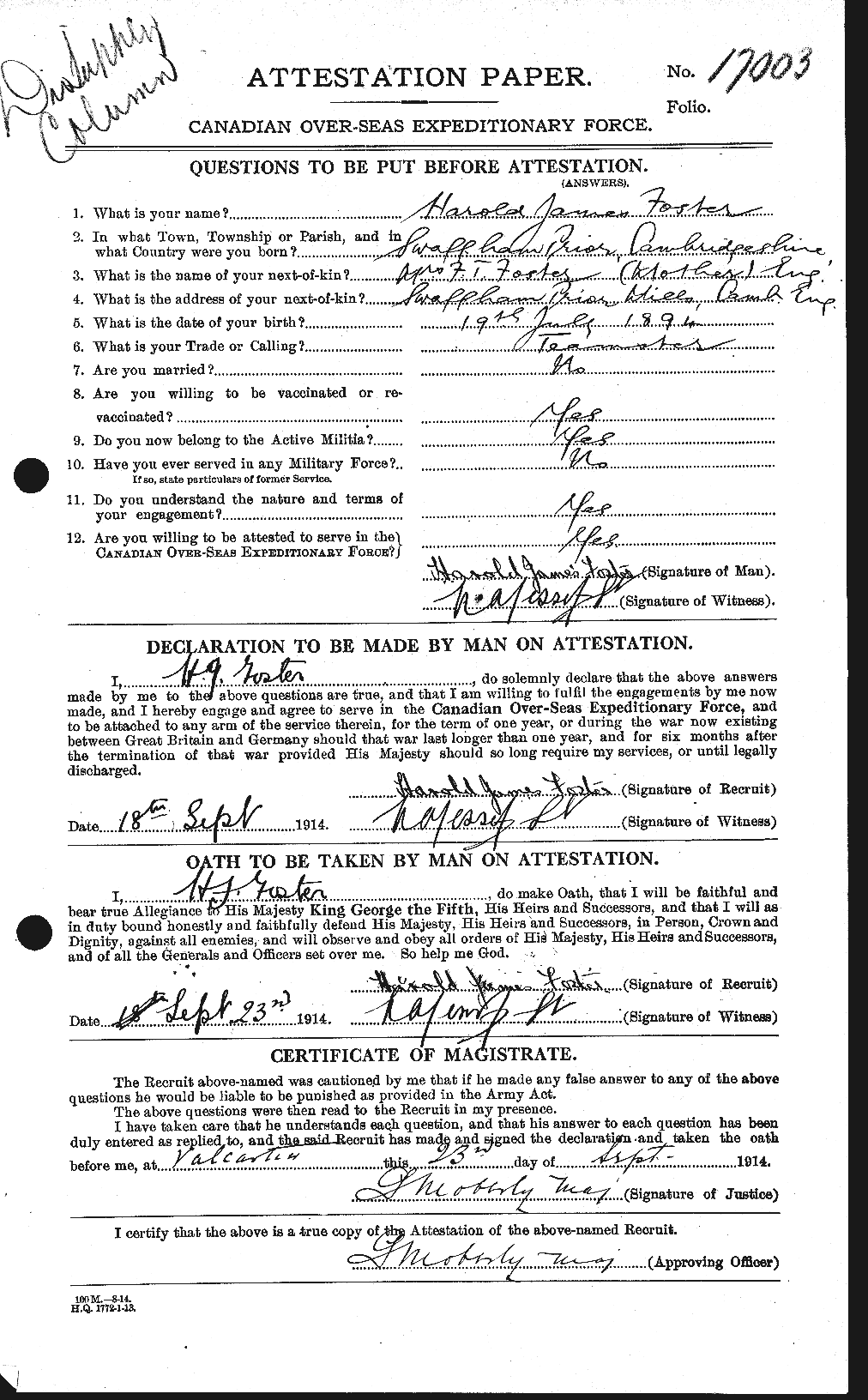 Dossiers du Personnel de la Première Guerre mondiale - CEC 330728a