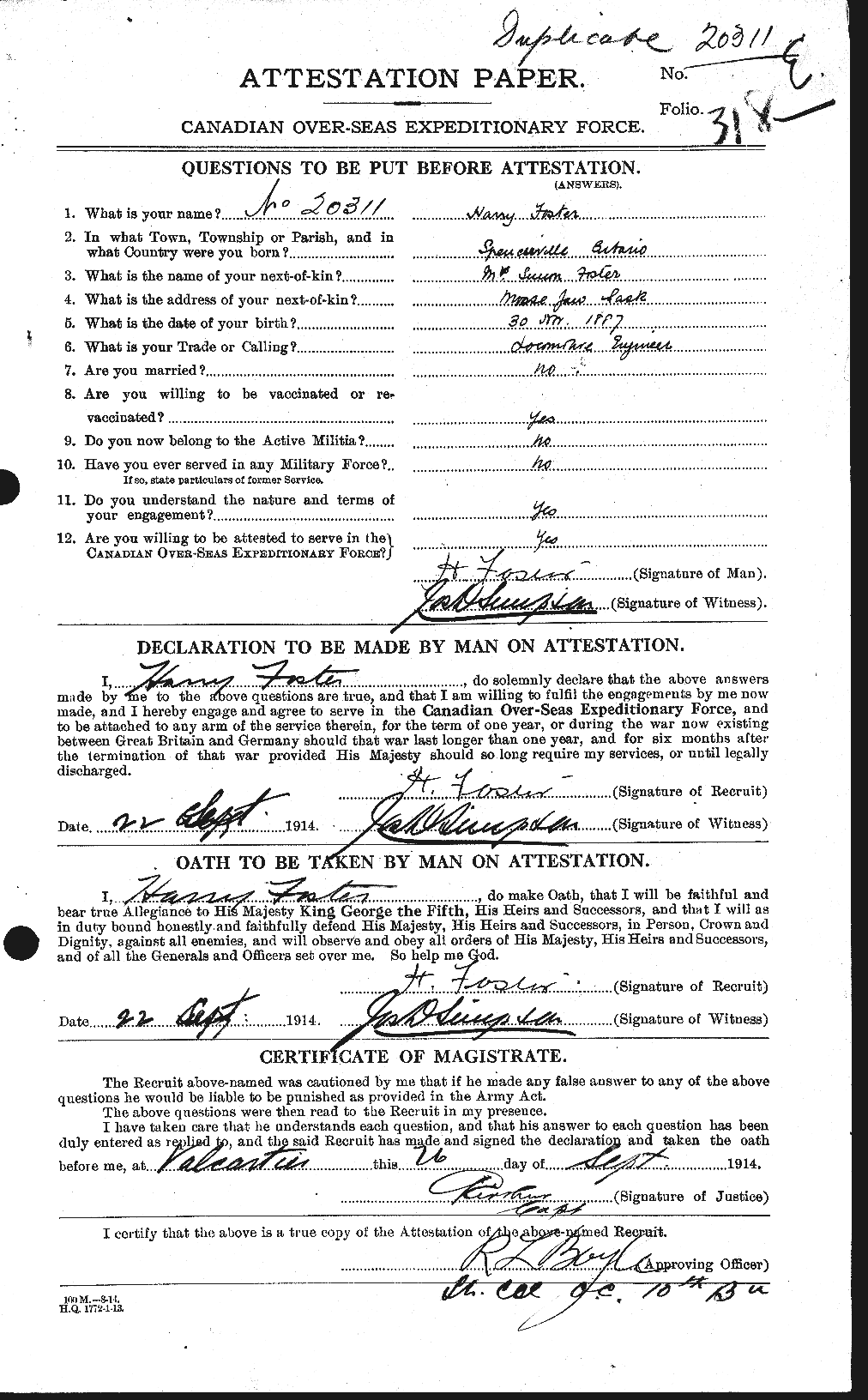 Dossiers du Personnel de la Première Guerre mondiale - CEC 330734a