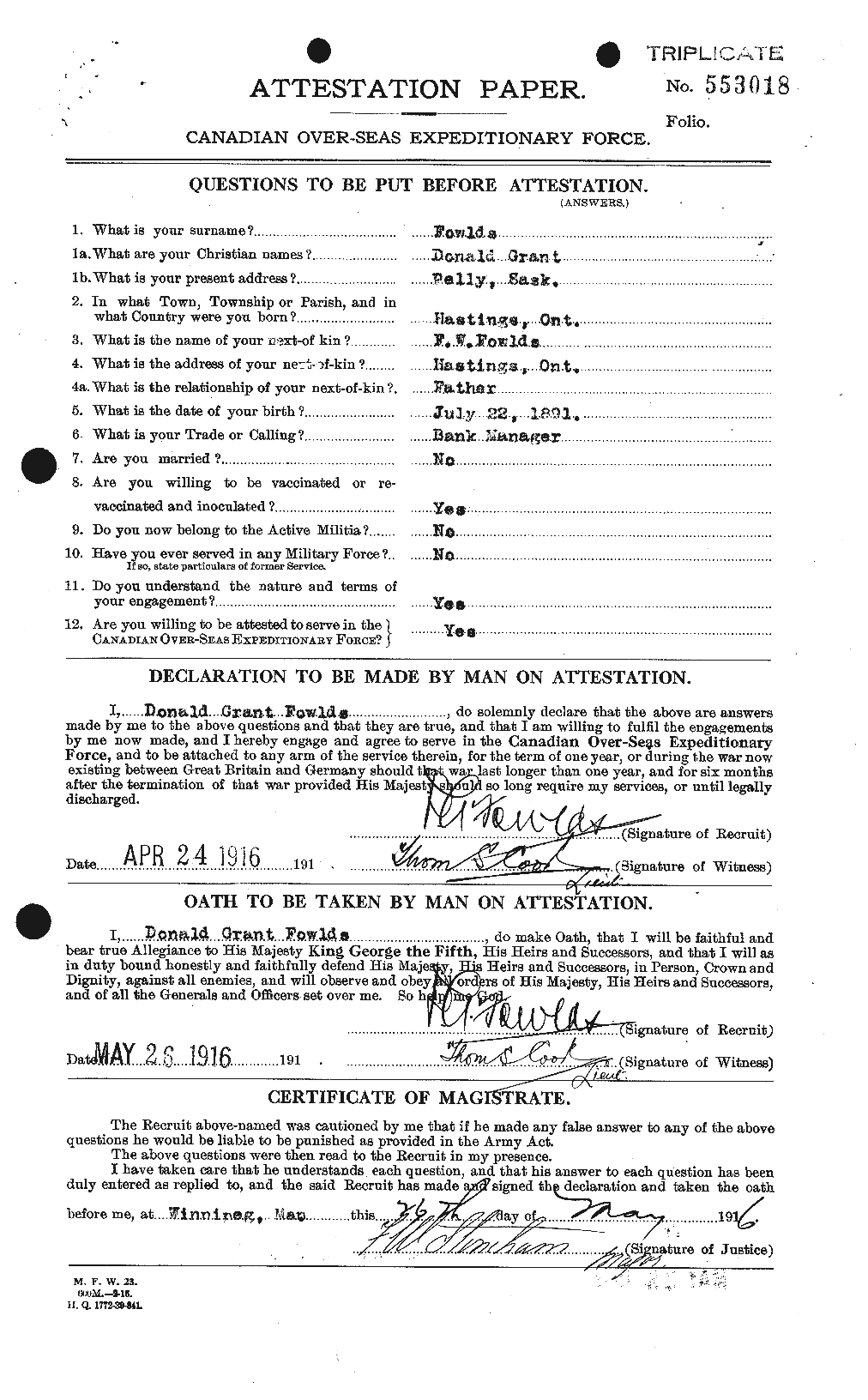Dossiers du Personnel de la Première Guerre mondiale - CEC 332948a