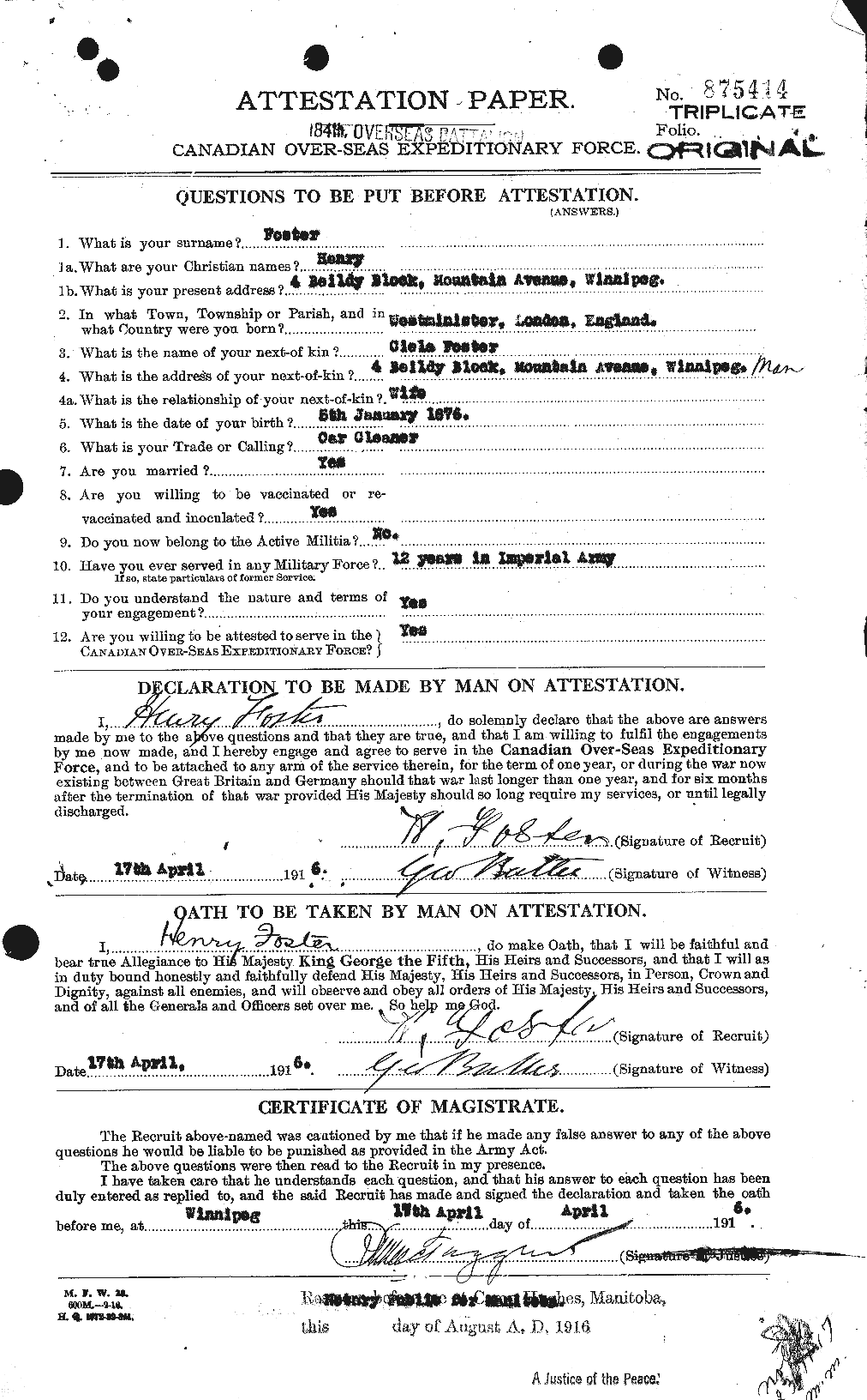Dossiers du Personnel de la Première Guerre mondiale - CEC 333237a